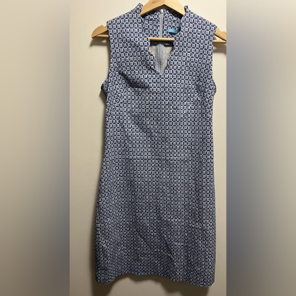 J. McLaughlin Vilma Womens Blue Geo-print scallop neckline sheath dress Size 2